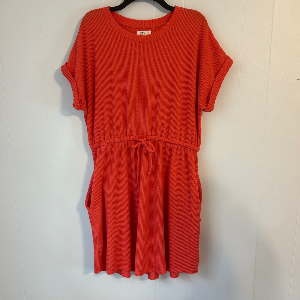 24/7 by Maurices Womens XL Orange‎ Red Waffle Knit Short Sleeve Drawstring Dress